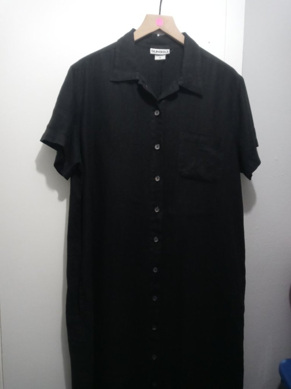 SUNBELT vintage short sleeve button down maxi dress linen in black (M)